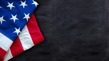 USA flag, US of America sign symbol on blackboard color, top view