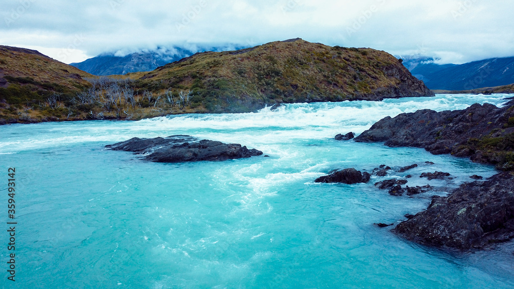 Fototapeta premium Aerial View to the Salto Grande waterfall on the Paine River in the Torres del Paine National Park, Patagonia, Chile