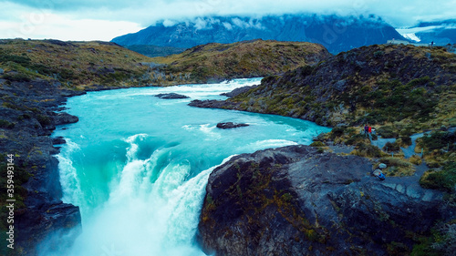 Aerial View to the Salto Grande waterfall on the Paine River in the Torres del Paine National Park, Patagonia, Chile