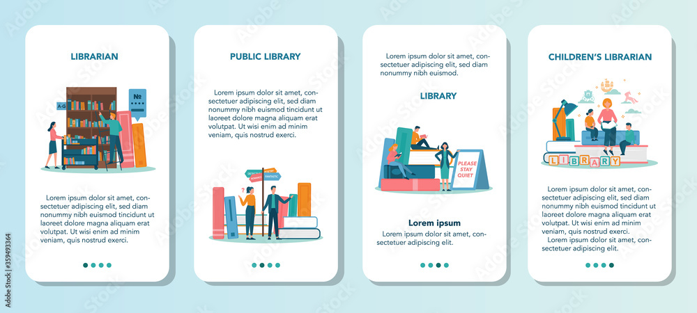 Librarian mobile application banner set. Library staff holding