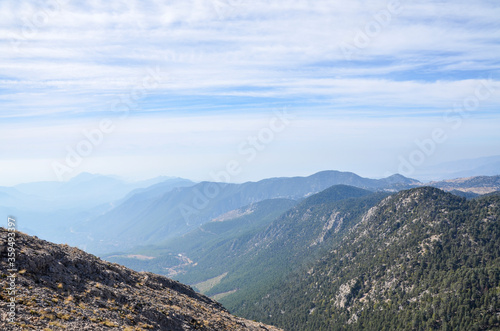 Beautiful view to the Taurus mountains and Mediterranean Sea from the top of Tahtali mountain near Kemer, Antalya, Turkey 