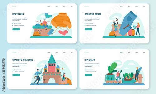 Upcycling web banner or landing page set. Eco tips for reducing waste.