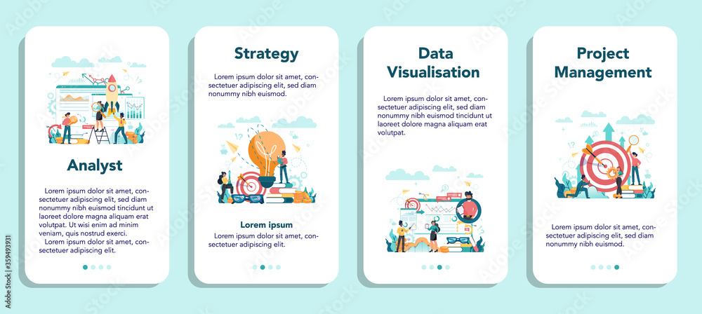 Business analyst mobile application banner set. Business strategy