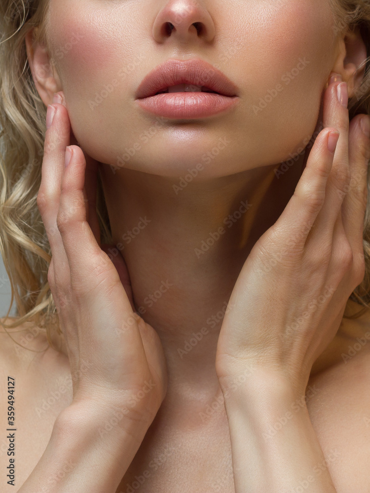 Lips Skin Care. Beautiful Woman With Beauty Face Applying Lip Balsam,  Lipbalm On Full Sexy Lips.