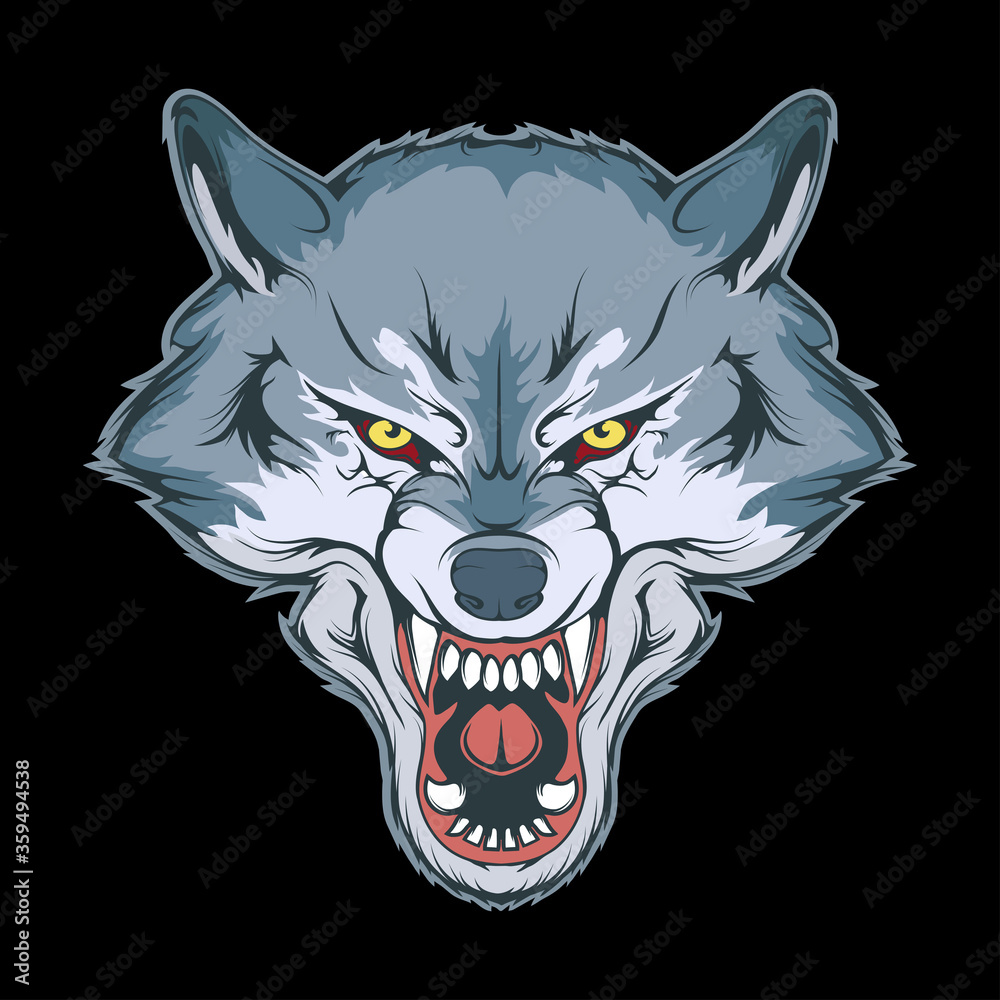 Vector illustration of a wolf. Angry animal for tattoo or t-shirt print.  Predator illustration for a sport team. Vector character. Sketch for  mascot, logo or symbol. Wolf on black background. Stock Vector |