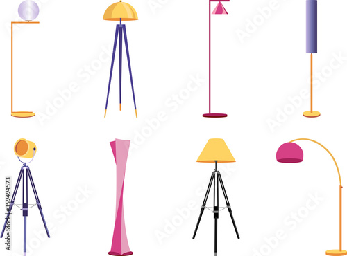 Set of colorful cartoon floor lamps light for home appliance indoor furniture. Vector flat collection of isolated interior design elements. 