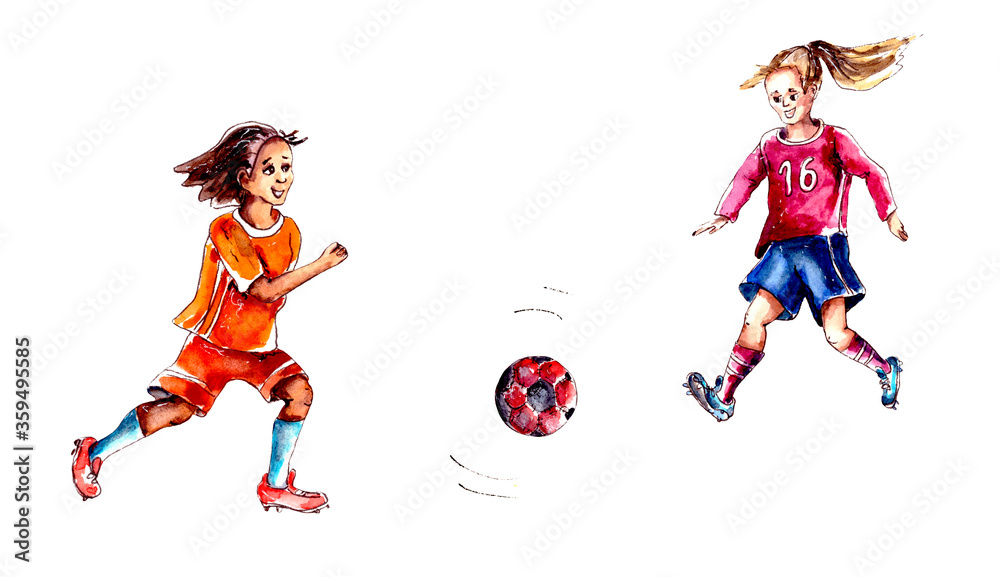 watercolor illustration.Young girls play soccer. isolated on a white background watercolor illustration.Young girls play soccer. isolated on a white background
