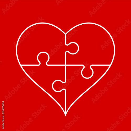 White heart outline in a shape of a puzzle on a red background. Healthy heart, cardiology. Togetherness, full hearted, unity, love, concept. Four jigsaw pieces. Vector illustration, flat, clip art. 