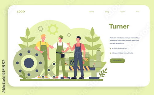 Turner or lathe web banner or landing page. Factory worker using