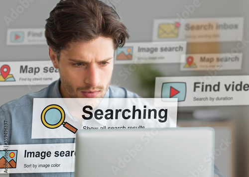 Businessman At Laptop Browsing Searching Information In Modern Office, Collage