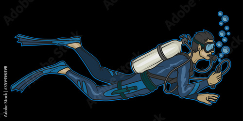 Vector illustration of a diver. Diving for tattoo or t-shirt print. Scuba diving illustration for a sport team. Vector character. Sketch for mascot, logo or symbol. Diver on black background