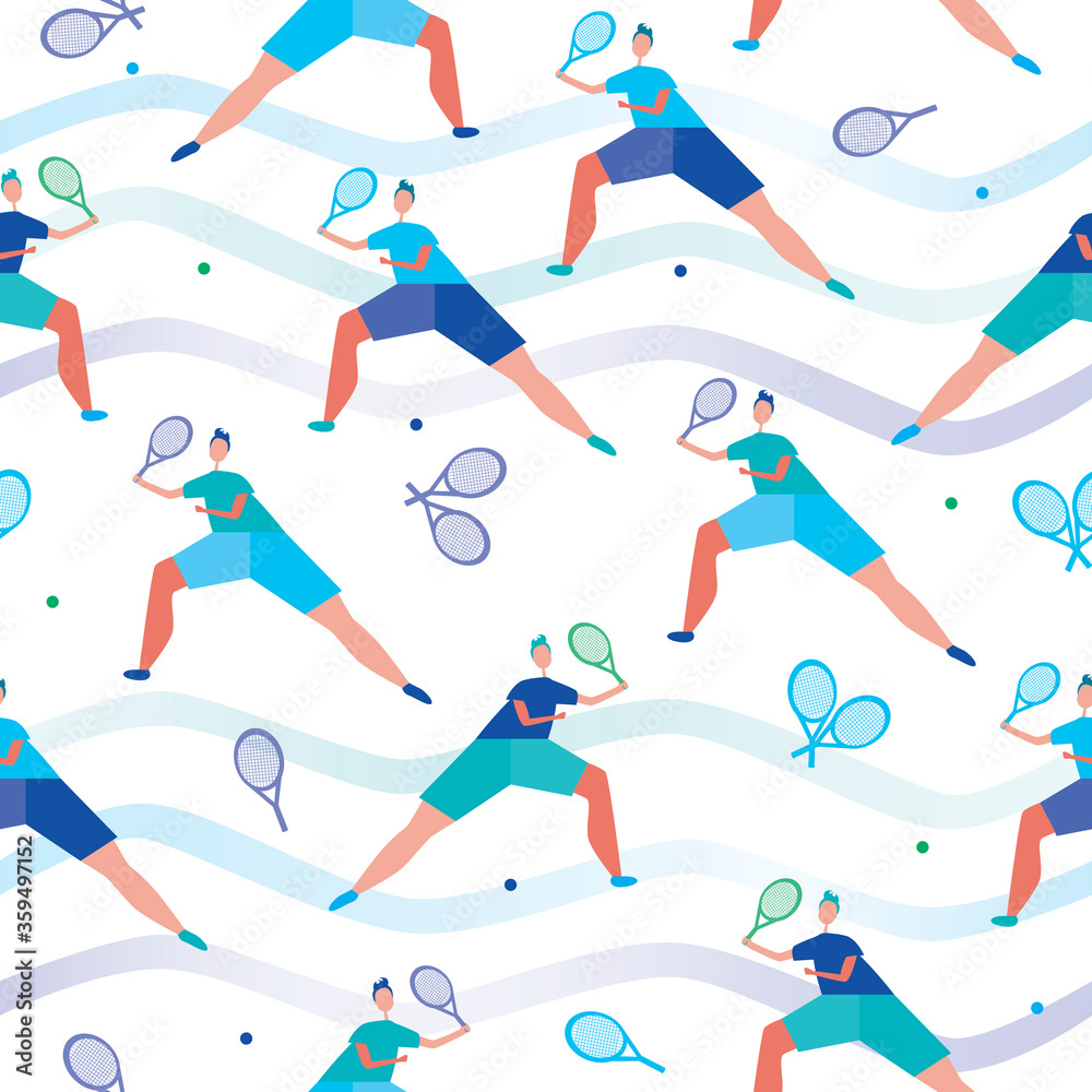 Seamless pattern with tennis players and tennis rackets, flat vector stock illustration with european or american men for print