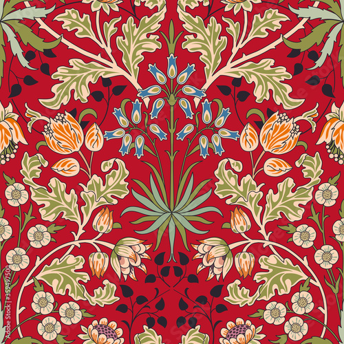 Vintage flowers and foliage seamless pattern on red background. Color vector illustration.