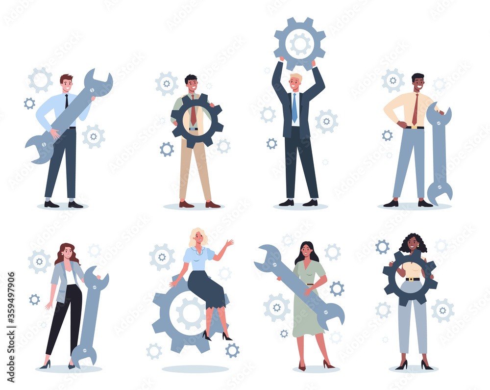Business people holding wrench and gear set. Idea of office worker