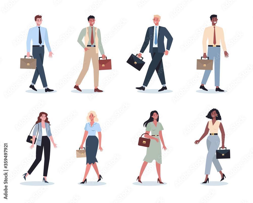 Set of young businesspeople on their way. Female and male character