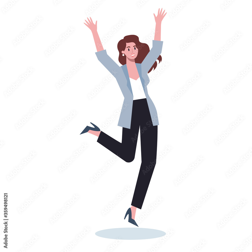 Fototapeta premium Jumping business woman. Happy and successful employee in a suit.