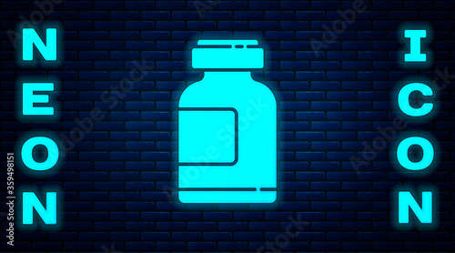 Glowing neon Sports nutrition bodybuilding proteine power drink and food icon isolated on brick wall background.  Vector Illustration