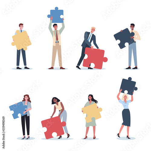 Teamwork concept set. Business man and woman holding piece