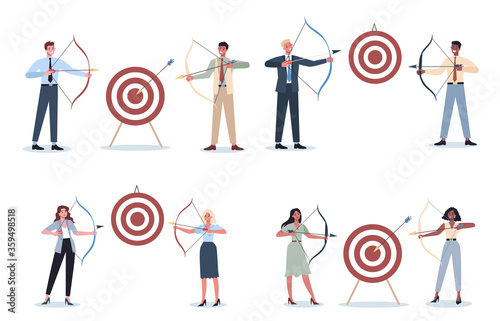 Business people aiming in target and shooting with arrow set.