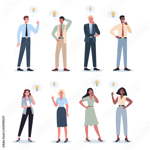 Thoughtfull business people set. Woman and man thinking in search