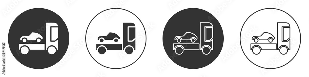 Black Car transporter truck for transportation of car icon isolated on white background. Circle button. Vector Illustration Black Car transporter truck for transportation of car icon isolated on white background. Circle button. Vector Illustration