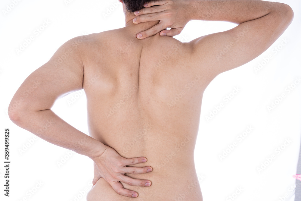 Fototapeta premium A man feeling exhausted and suffering from neck and back pain and injury on isolated white background. Health care and medical concept.