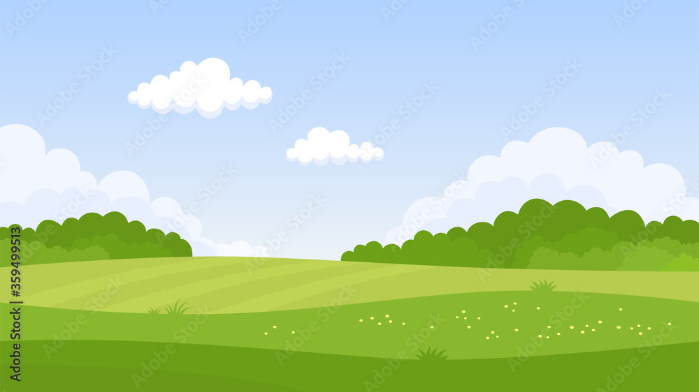 Summer green landscape. Fields, grass, flowers, forest and clouds. Vector illustration Summer green landscape. Fields, grass, flowers, forest and clouds. Vector illustration