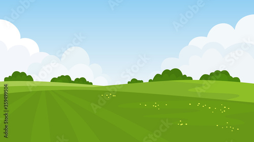 Summer green landscape. Fields, grass, flowers, forest and clouds. Vector illustration