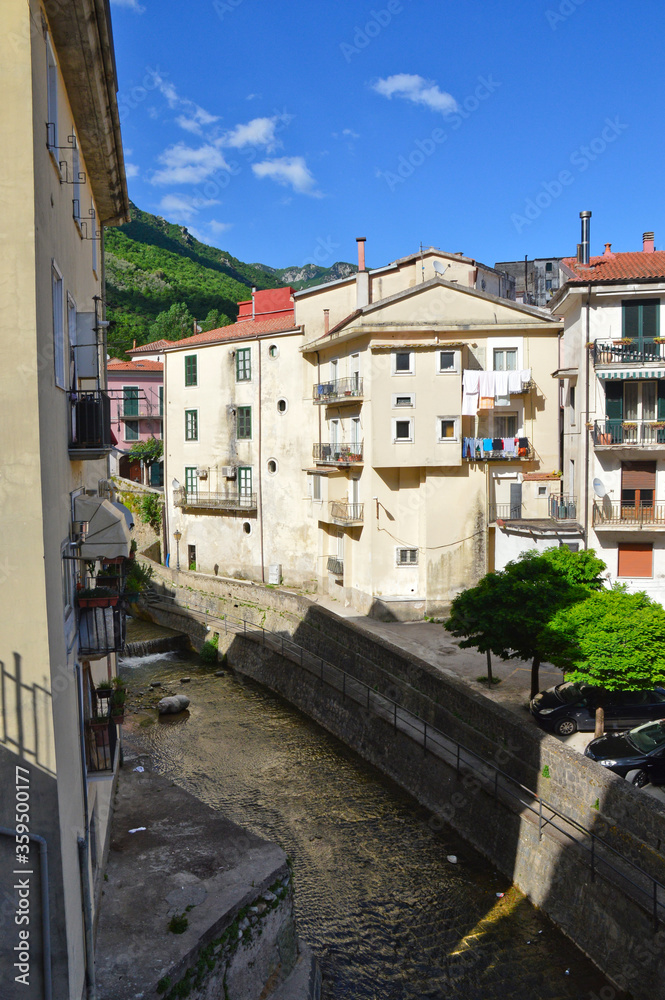 A river between the old houses of the town of Campagna in the province of Salerno, Italy.