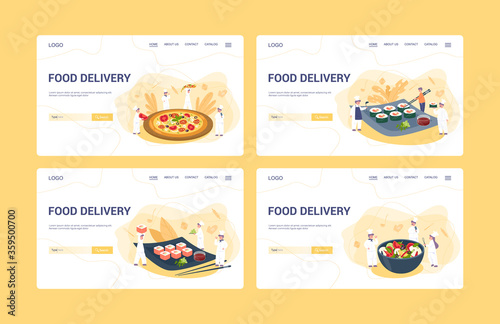 Food delivery menu web banner set. European and Asian cuisine.
