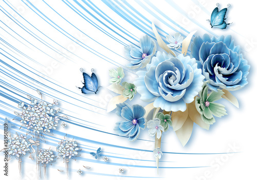 neutral dark blue flowers and beautiful lines background illustration 3d