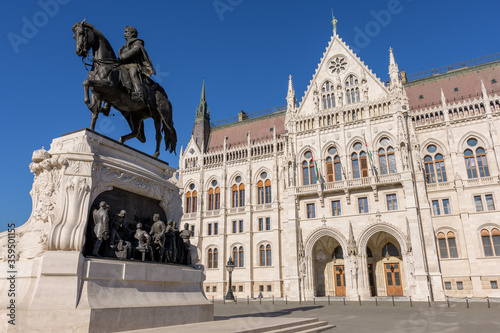 Hungarian Parliament in Budapest. Monument of Andrassy Gyvla-Prime Minister of Hungary(1867–1871).
