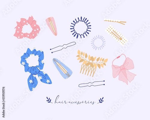 Trendy vector hair accessories. Beauty fashion set of hairgrip or hairdressing accessories isolated on white background. Elastic bands and hair clips, hairpins, bows, ribbons.