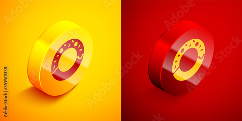 Isometric Donut with sweet glaze icon isolated on orange and red background. Circle button. Vector Illustration