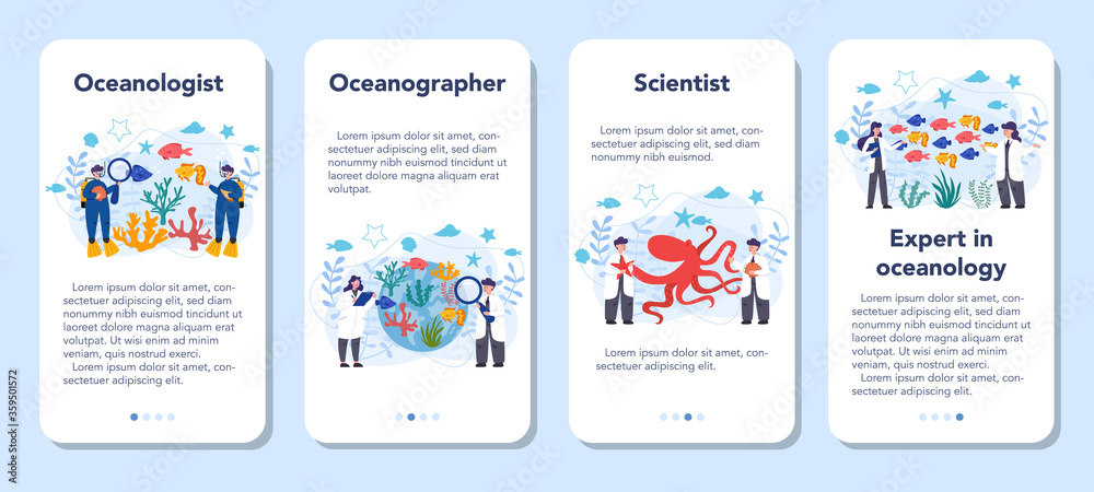 Oceanologist mobile application banner set. Oceanography scientist.