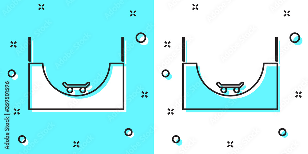 Black line Skate park icon isolated on green and white background. Set of ramp, roller, stairs for a skatepark. Extreme sport. Random dynamic shapes. Vector Illustration Black line Skate park icon isolated on green and white background. Set of ramp, roller, stairs for a skatepark. Extreme sport. Random dynamic shapes. Vector Illustration