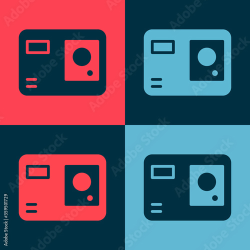 Pop art Action extreme camera icon isolated on color background. Video camera equipment for filming extreme sports.  Vector Illustration