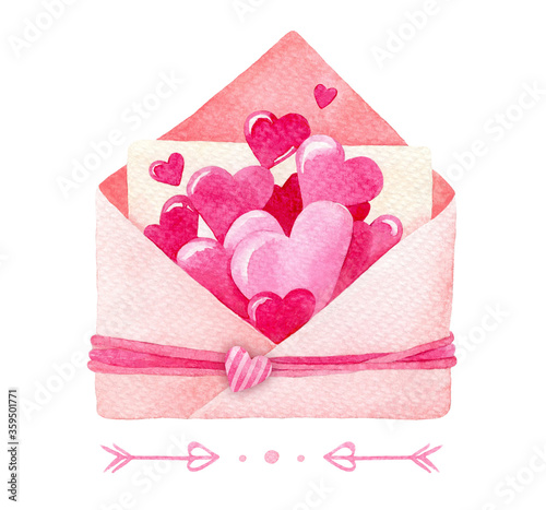 Happy Valentine`s day letter with lovely pink and purple hearts on white background isolated. Cute lovely letter for Valentine`s day and wedding design.