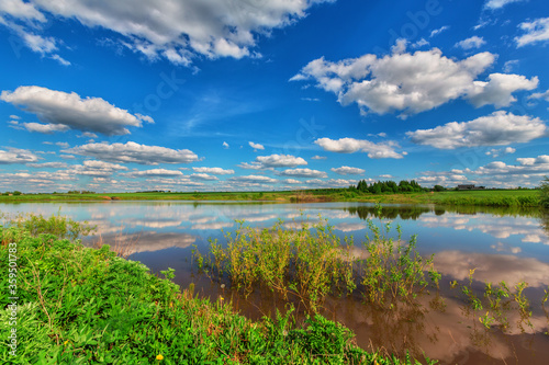 Mirror smooth of pond beneath blue cloudy sky in summer day © Megaloman1ac