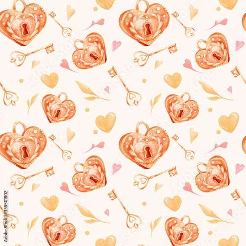 Happy Valentine`s day handdrawn watercolor pattern on pink background. Seamless cute texture with lovely vintage hearts and keys for your valentine`s and wedding design.