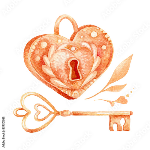 Watercolor vintage illustration of golden lock and key. Handdrawn yellow and brown elements on white background isolated for your cute vintage design.