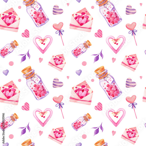 Happy Valentine`s day watercolor handdrawn seamless pattern. Cute lovely elements on white background. Nice texture for your wedding and valentine`s design.