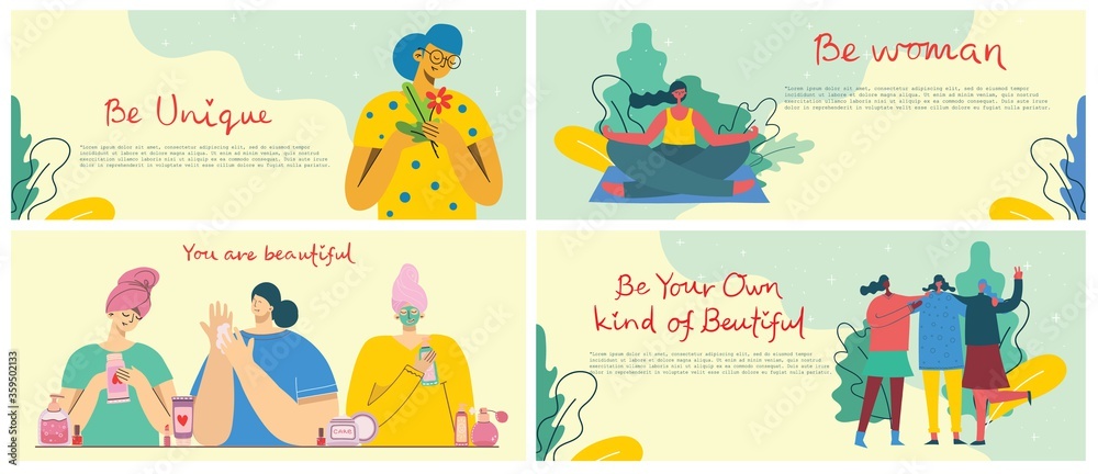 Fototapeta premium Concept of women unique background. Stylish modern vector illustration cards with happy female woman