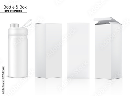 Bottle 3D Mock up Realistic transparent Plastic Shaker with box in Vector for Water and Drink. Bicycle and Sport Concept Design.