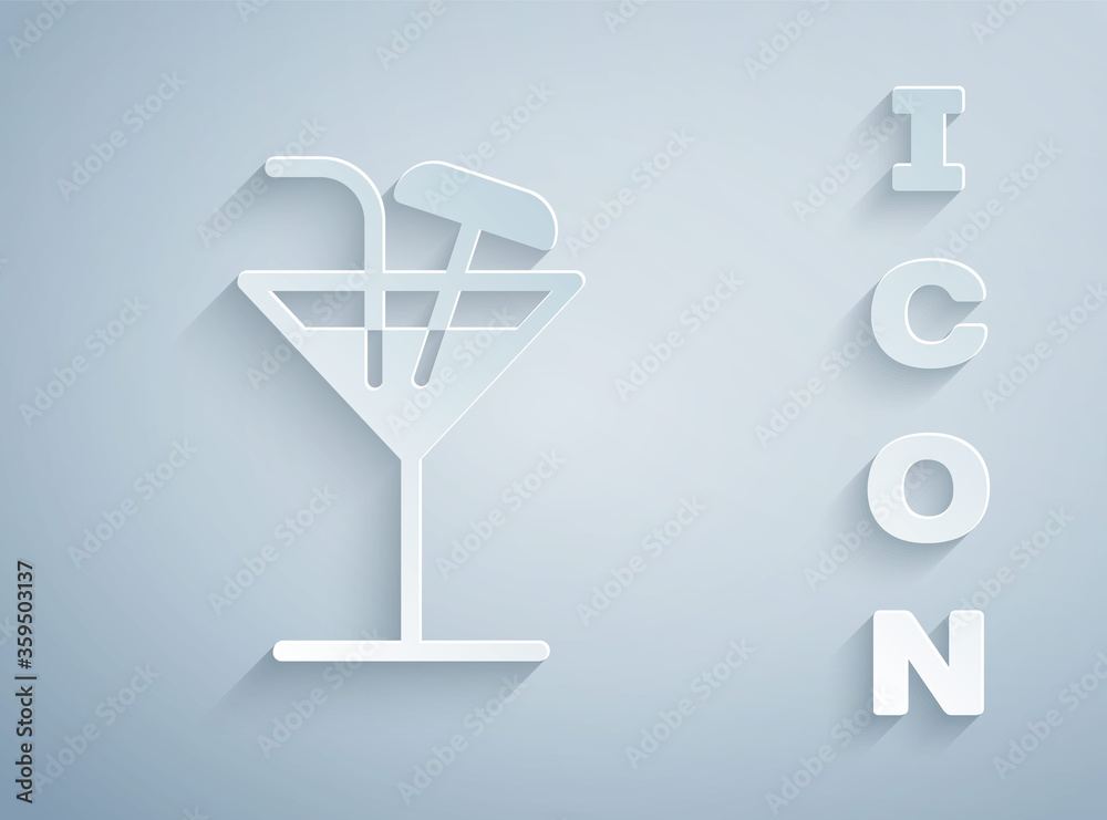 Paper cut Cocktail icon isolated on grey background. Paper art style. Vector Illustration Paper cut Cocktail icon isolated on grey background. Paper art style. Vector Illustration