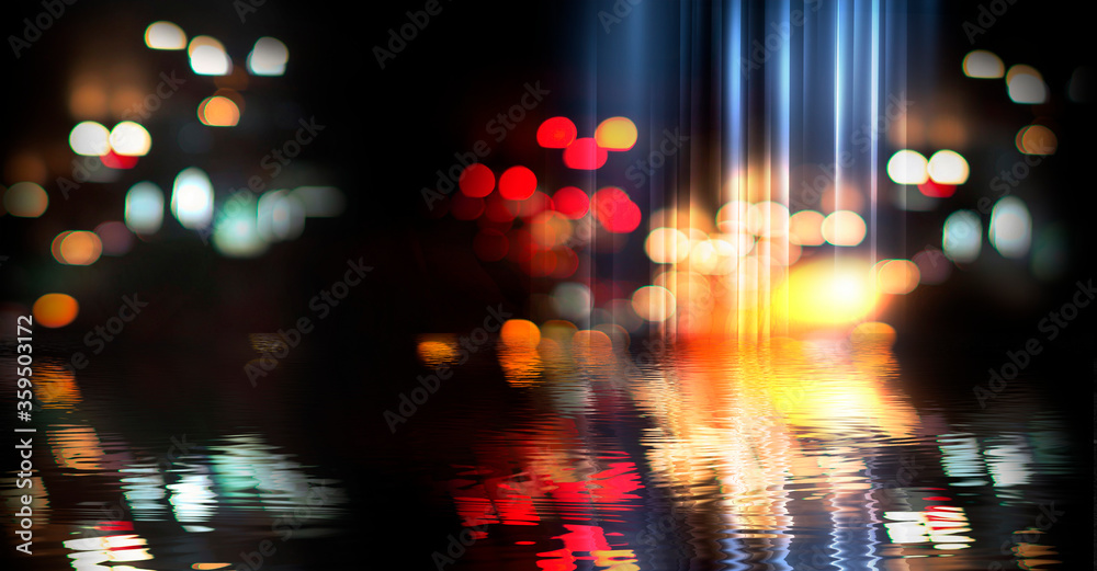 Light neon effect, energy waves on a dark abstract background. Laser colorful neon show. Reflection of light in the water. Smoke, fog. Neon lights of the night city. 3d illustration