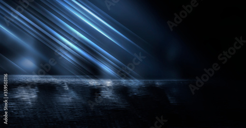 Light neon effect, energy waves on a dark abstract background. Laser colorful neon show. Reflection of light in the water. Smoke, fog. Neon lights of the night city. 3d illustration