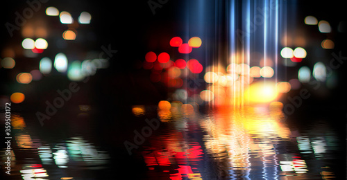Light neon effect  energy waves on a dark abstract background. Laser colorful neon show. Reflection of light in the water. Smoke  fog. Neon lights of the night city. 3d illustration