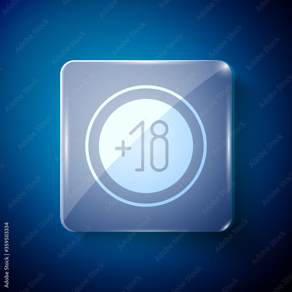 White Alcohol 18 plus icon isolated on blue background. Prohibiting alcohol beverages. Square glass panels. Vector Illustration White Alcohol 18 plus icon isolated on blue background. Prohibiting alcohol beverages. Square glass panels. Vector Illustration
