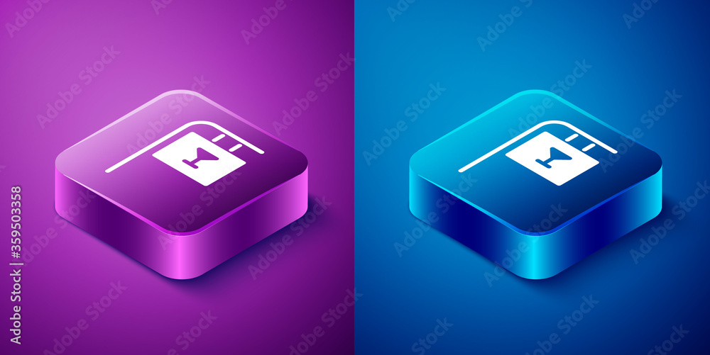 Isometric Street signboard with inscription Bar icon isolated on blue and purple background. Suitable for advertisements bar, cafe, restaurant. Square button. Vector Illustration Isometric Street signboard with inscription Bar icon isolated on blue and purple background. Suitable for advertisements bar, cafe, restaurant. Square button. Vector Illustration